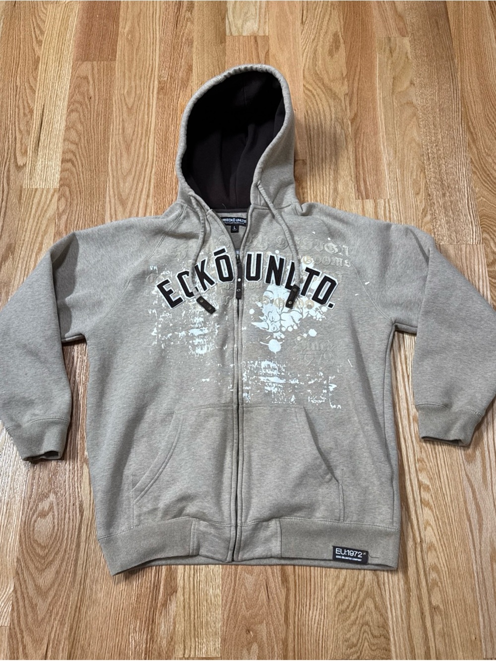 ECKO UNLTD Vintage Retro Paint Splatter Zip Up Hoodie Embroidered Tan Brown L